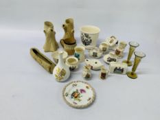 COLLECTION OF CRESTED WARE, PAIR OF DIXI WORKSHOP VASES, WEDGEWOOD BUD VASE, DRESDEN DISH AF,