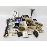 BOX MIXED COSTUME JEWELLERY COMPACTS, COINS,