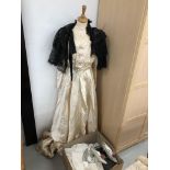 VINTAGE HANDMADE WEDDING GOWN ON DRESS MAKERS DUMMY ALONG WITH A VINTAGE HANDMADE BLACK LACE SHAWL
