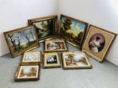 A GROUP OF NINE VARIOUS GILT FRAMED PRINTS AND PICTURES TO INCLUDE LANDSCAPE AND STILL LIFE STUDIES