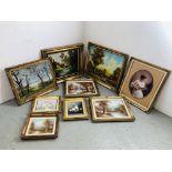 A GROUP OF NINE VARIOUS GILT FRAMED PRINTS AND PICTURES TO INCLUDE LANDSCAPE AND STILL LIFE STUDIES