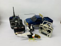 REMOTE CONTROL HELICOPTERS & A 4 X 4 RC CAR ALONG WITH 4 VARIOUS REMOTE CONTROLS TO INCLUDE