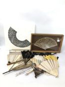 COLLECTION OF VINTAGE FANS TO INCLUDE FRAMED LACE AND MOTHER OF PEARL FAN,