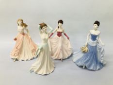 4 X COALPORT FIGURINES TO INCLUDE "HAPPY BIRTHDAY", "LADIES OF FASHION HIGH SOCIETY",