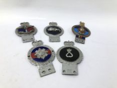 FIVE VARIOUS COLLECTOR'S MOTORING CAR BADGES TO INCLUDE 3 X "J.R.