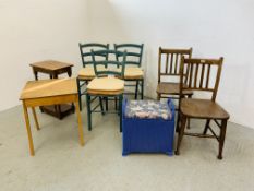 3 MODERN PAINTED DINING CHAIRS WITH WICKER SEATS, SCHOOL DESK, 2 X VINTAGE KITCHEN CHAIRS,