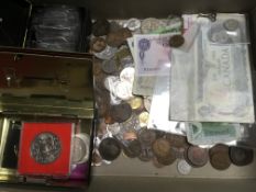 BOX OF MIXED COINS AND A FEW BANKNOTES,