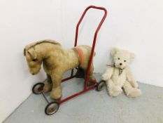 A VINTAGE CHILTERN TOYS PUSH ALONG HORSE TOY ALONG WITH A RUSS "WILLIAM" BEAR