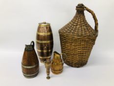 VINTAGE BREWERIANA TO INCLUDE 2 GRADUATED WOODEN METAL BANDED JUGS ONE MARKED GERAUD-LALITLE,