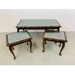 A REPRODUCTION MAHOGANY SET OF THREE OCCASIONAL TABLES,