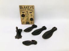 COLLECTION OF VINTAGE CAST SHOE LASTS ALONG WITH AN ORIGINAL BLAKEYS INOA RUBBER REVOLVING HEELS