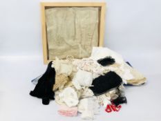 BOX OF ASSORTED VINTAGE LINEN AND LACE ALONG WITH A FRAMED LACE DISPLAY