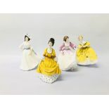 4 X ROYAL DOULTON FIGURINES TO INCLUDE CORALIE HN 2307 A/F (NECK RE-GLUED), MARGARET HN 2397,