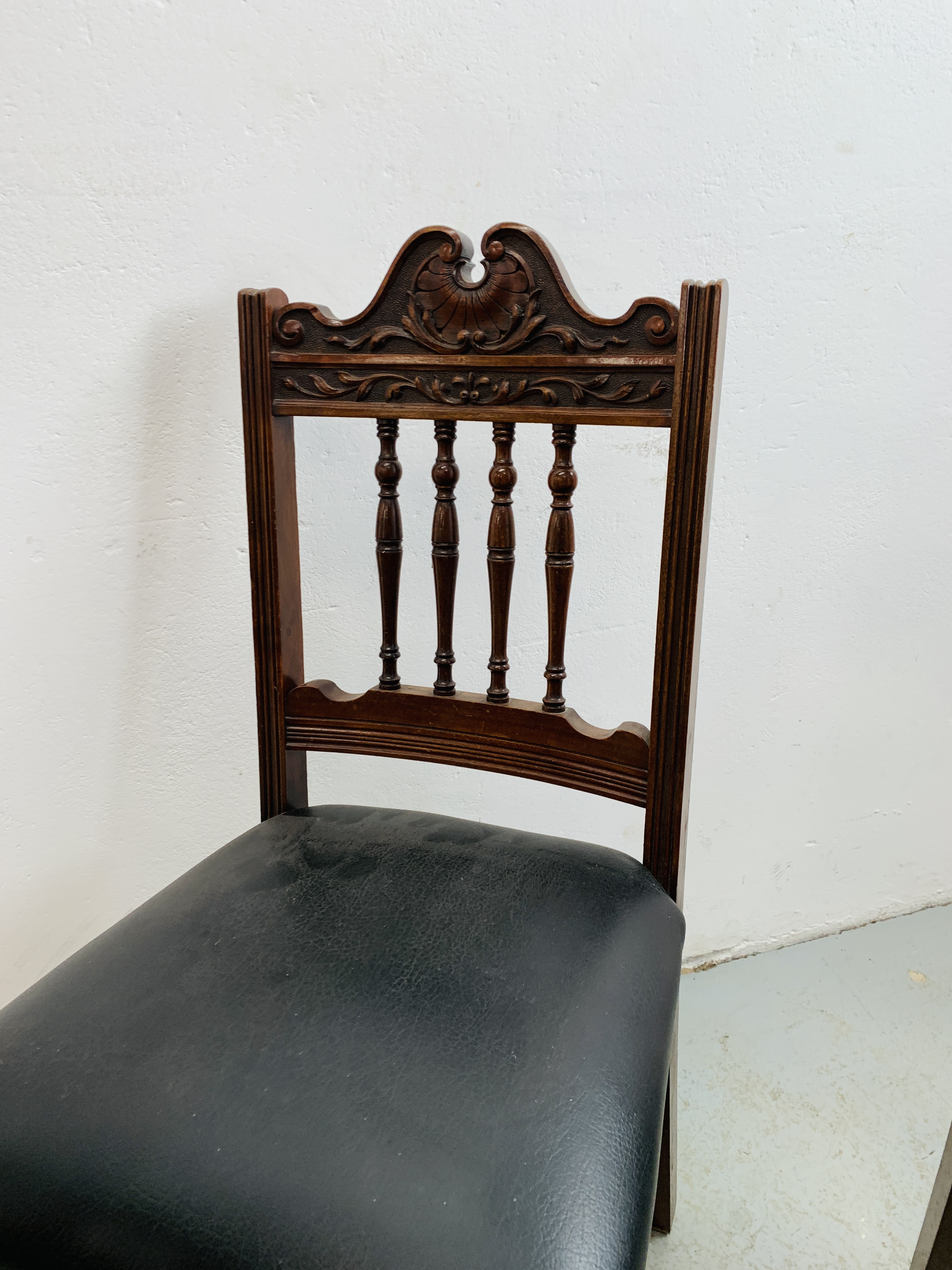 SET OF 6 PERIOD CARVED MAHOGANY DINING CHAIRS, BLACK LEATHER FINISH SEATS, - Image 6 of 10
