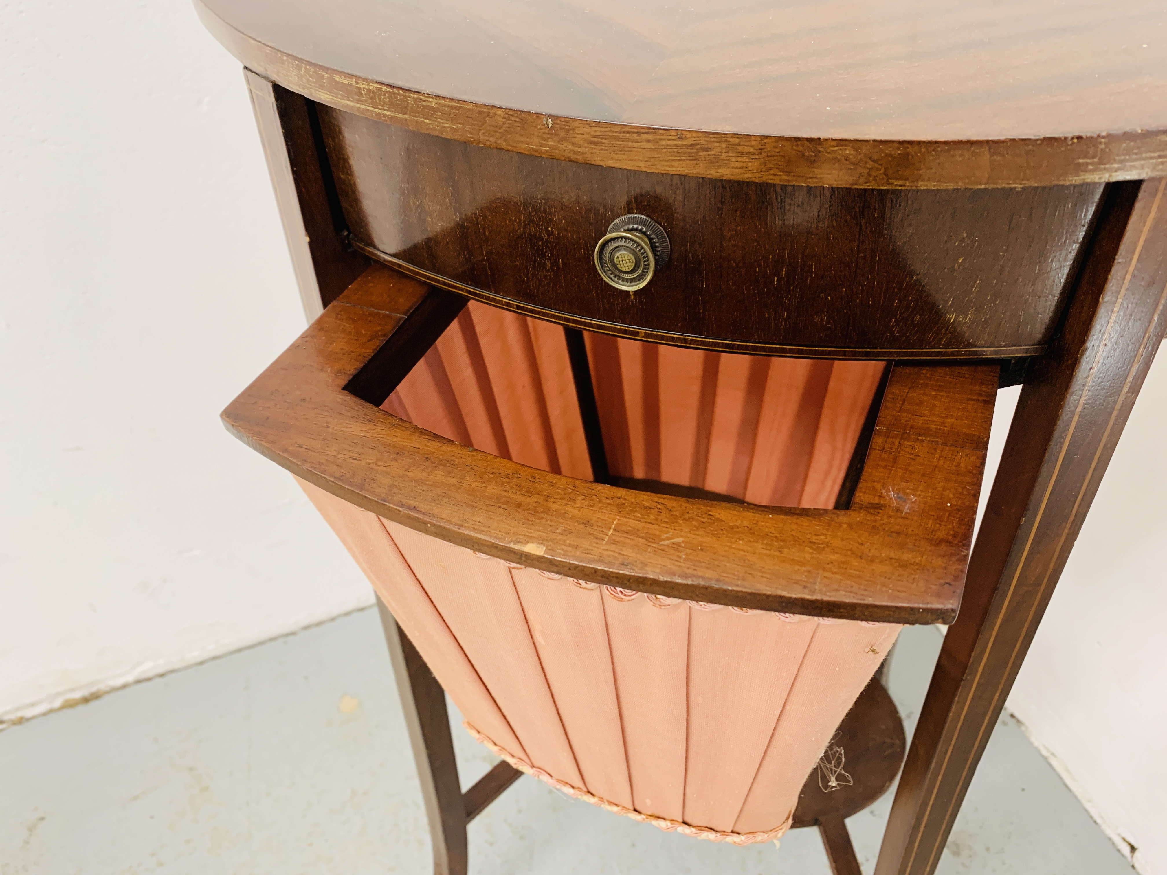 AN EDWARDIAN MAHOGANY TWO TIER WORK TABLE OF OVAL FORM ON SPLAYED LEG, - Image 6 of 6