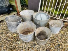 4 X VINTAGE GALVANISED SKEPS AND TWO GALVANISED PALES A/F + GASCOIGNES VINTAGE RECORDER SCALE