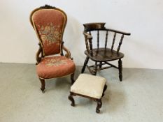 A VICTORIAN LADIES WALNUT NURSING CHAIR WITH EMBROIDERED SEAT AND BACK,