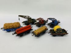 7 X VINTAGE HORNBY MECCANO 0 GAUGE WAGONS TO INCLUDE CRANES TIMBER ETC.