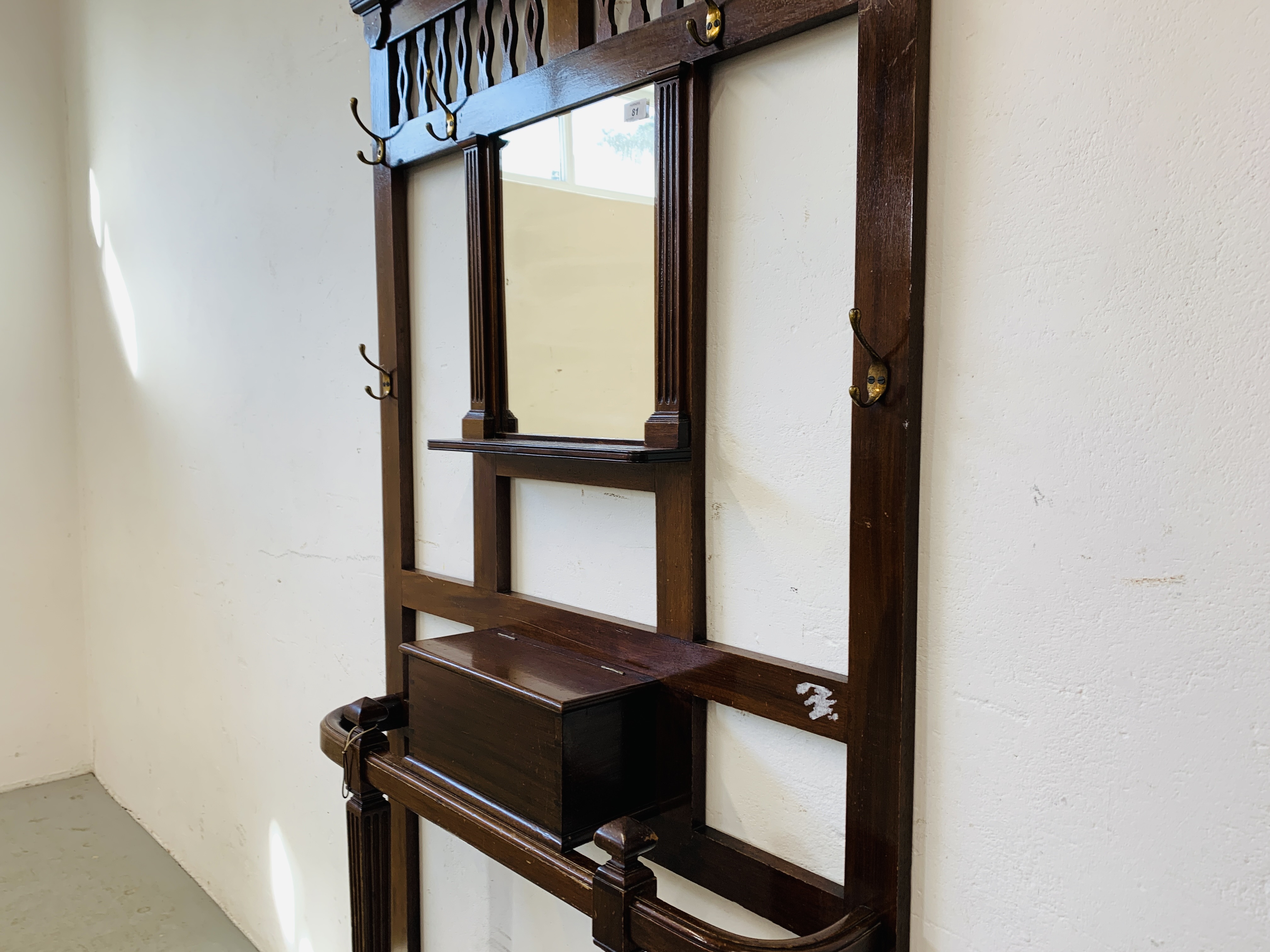 A MAHOGANY HALL STAND WITH CENTRAL MIRROR AND GLOVE BOX. W 99CM. D 19CM. H 195CM. - Image 3 of 10
