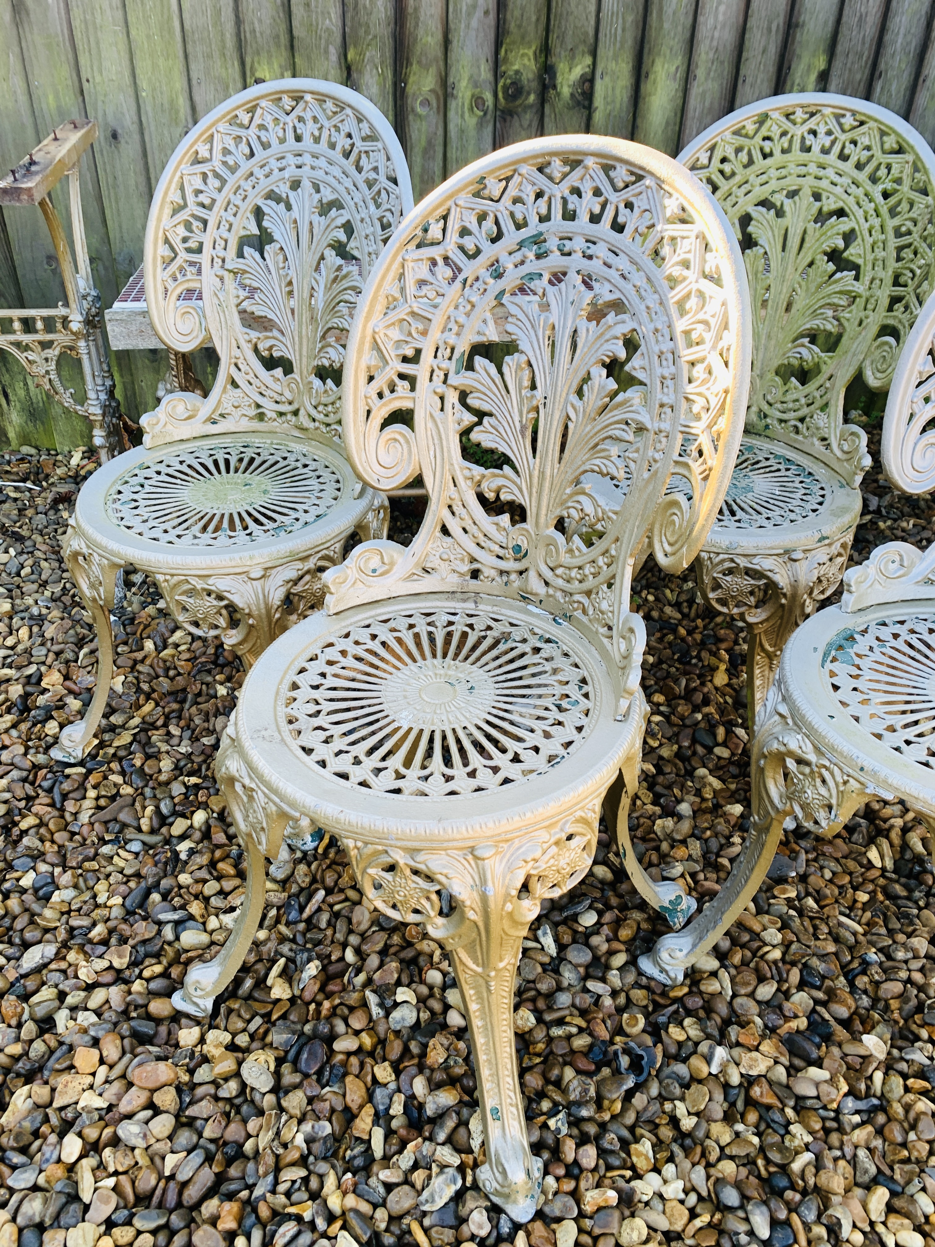 SET OF FOUR DECORATIVE CAST ALUMINIUM GARDEN CHAIRS ALONG WITH DECORATIVE CAST IRON TABLE BASE A/F - Image 10 of 12