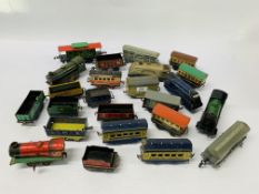 A COLLECTION OF HORNBY 0 GAUGE MECCANO TIN PLATE CLOCKWORK LOCOMOTIVES, CARRIAGES, WAGONS ETC.