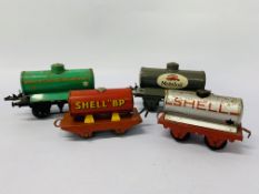 4 X VINTAGE HORNBY MECCANO 0 GAUGE TANKERS TO INCLUDE SHELL, MANCHESTER OIL,