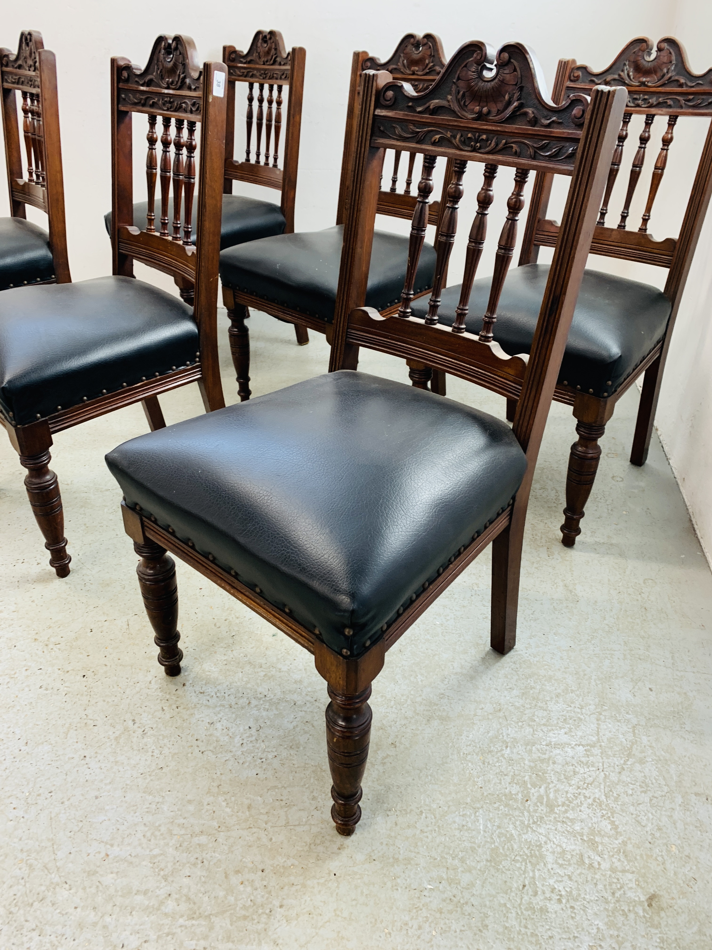 SET OF 6 PERIOD CARVED MAHOGANY DINING CHAIRS, BLACK LEATHER FINISH SEATS, - Image 3 of 10