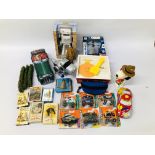 A BOX OF TOYS TO INCLUDE MATCHBOX VEHICLES, FISHER PRICE MUSIC BOX,