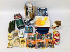 A BOX OF TOYS TO INCLUDE MATCHBOX VEHICLES, FISHER PRICE MUSIC BOX,