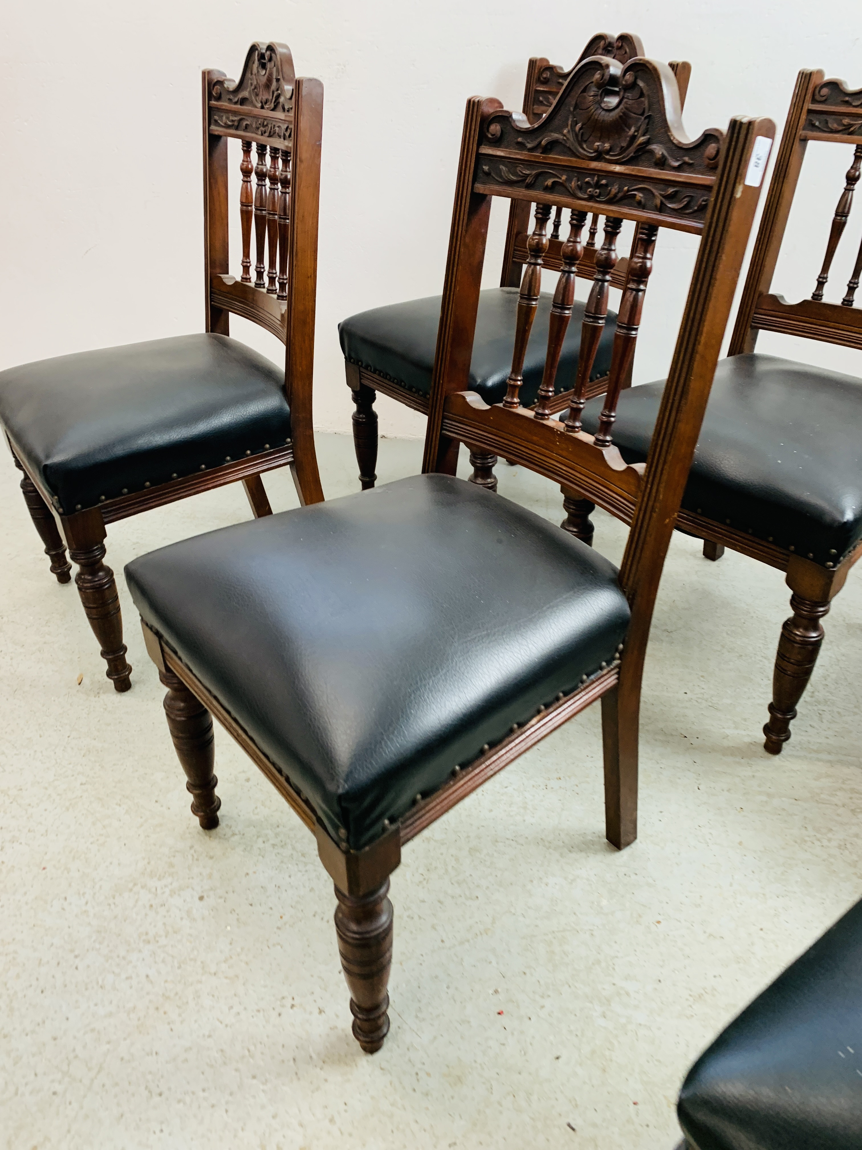 SET OF 6 PERIOD CARVED MAHOGANY DINING CHAIRS, BLACK LEATHER FINISH SEATS, - Image 4 of 10