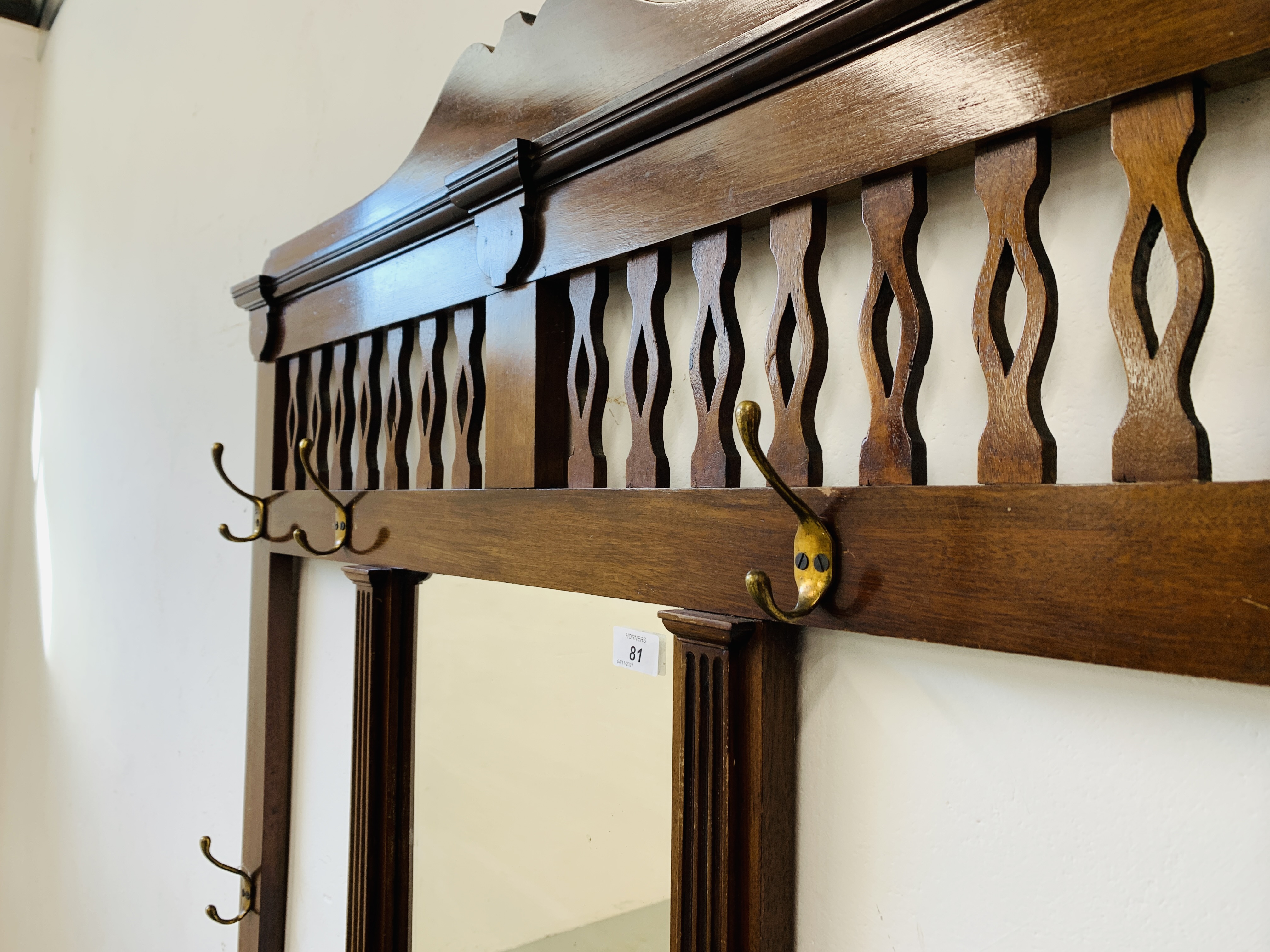 A MAHOGANY HALL STAND WITH CENTRAL MIRROR AND GLOVE BOX. W 99CM. D 19CM. H 195CM. - Image 9 of 10