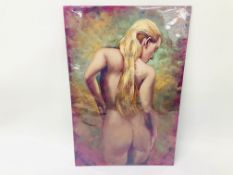MODERN OIL ON BOARD NUDE STUDY "A SORCERESS PREPARES" BEARING SIGNATURE R. PARSONS - H 45.5CM.