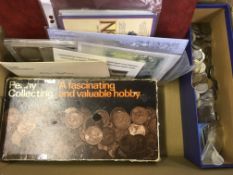 BOX OF COINS IN AN ALBUM AND LOOSE, GB 1953 PLASTIC SET, IRELAND, USA 1980 SET, TWO OLD POUND NOTES,