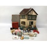 VINTAGE WOODEN DOLLS HOUSE ALONG WITH A QUANTITY OF MINIATURE DOLLS HOUSE FURNITURE AND ACCESSORIES
