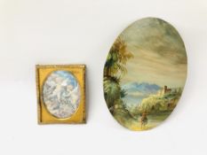 FRAMED BRASS MINIATURE DEPICTING CHERUBS ALONG WITH AN UNFRAMED OVAL MINIATURE DEPICTING MAN UPON