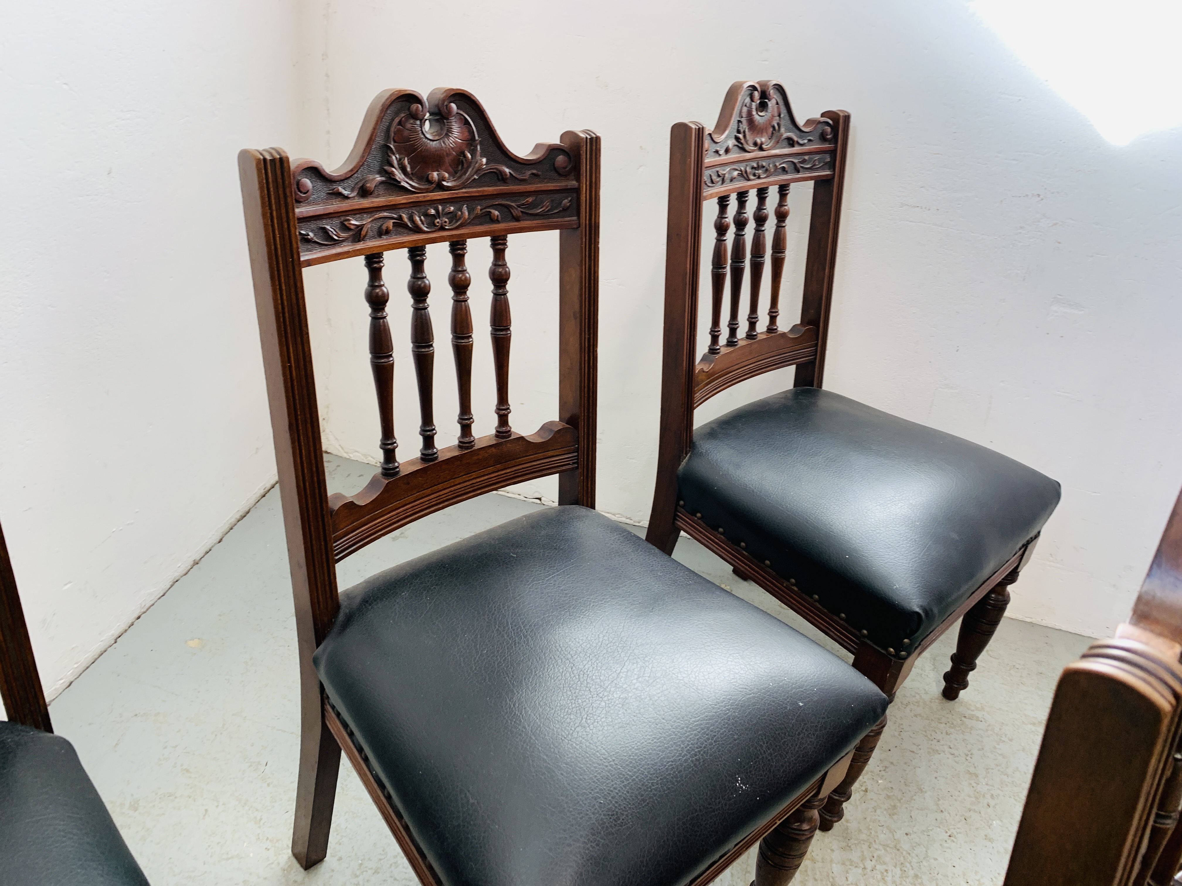 SET OF 6 PERIOD CARVED MAHOGANY DINING CHAIRS, BLACK LEATHER FINISH SEATS, - Image 9 of 10