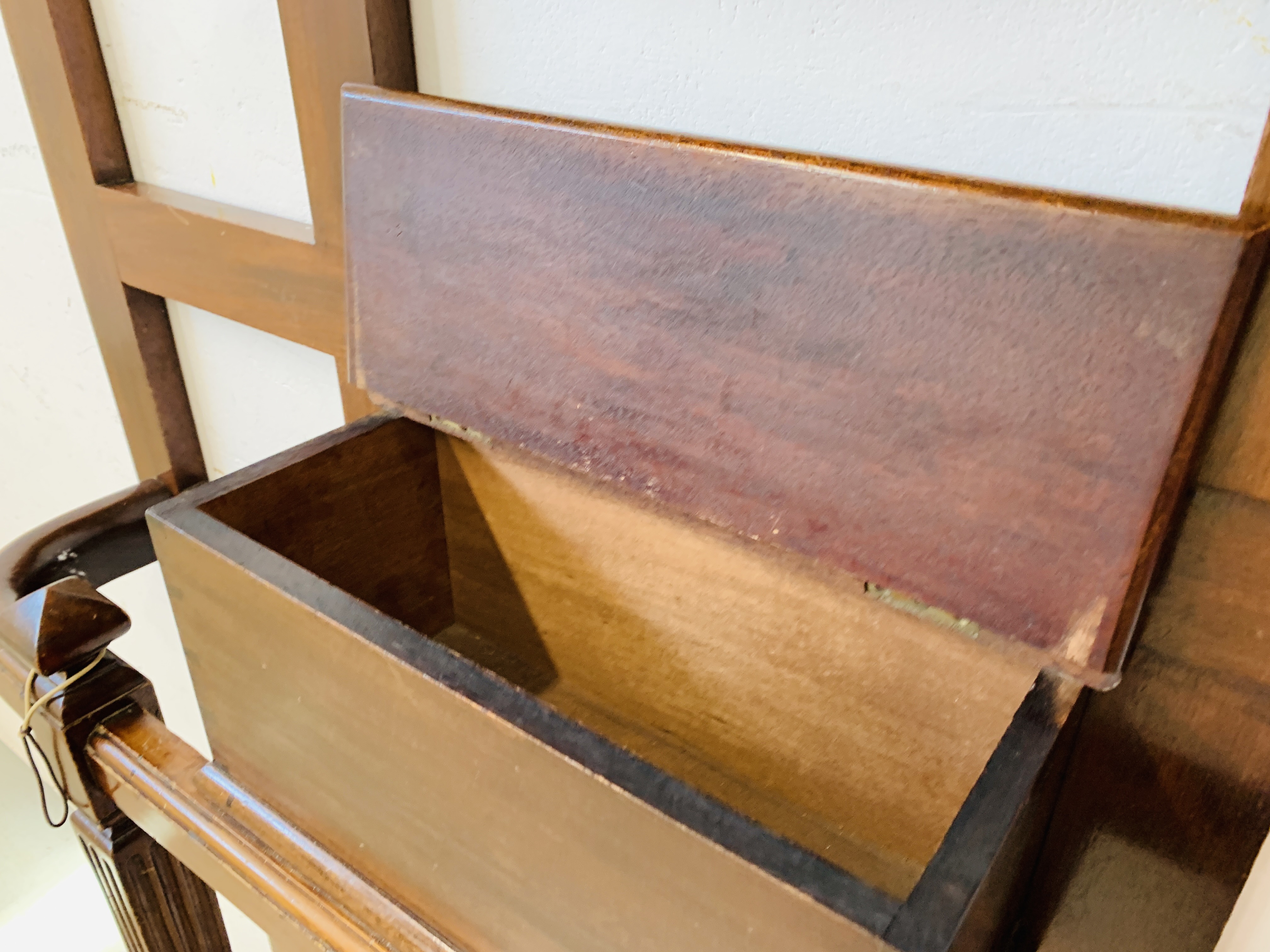 A MAHOGANY HALL STAND WITH CENTRAL MIRROR AND GLOVE BOX. W 99CM. D 19CM. H 195CM. - Image 7 of 10