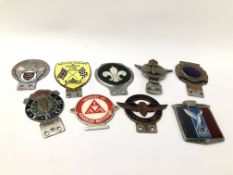 NINE VARIOUS COLLECTOR'S MOTORING CAR BADGES TO INCLUDE "MIDDLESEX ST CHRISTOPHER", "F.E.P.O.