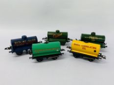 5 VINTAGE HORNBY MECCANO 0 GAUGE TANKERS TO INCLUDE REDLINE GLICO, PRATS, SHELL, MANCHESTER OIL,