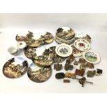 A COLLECTION OF ROYAL DOULTON COLLECTOR'S PLATES ALONG WITH PORCELAIN MINIATURE COTTAGE INCLUDING