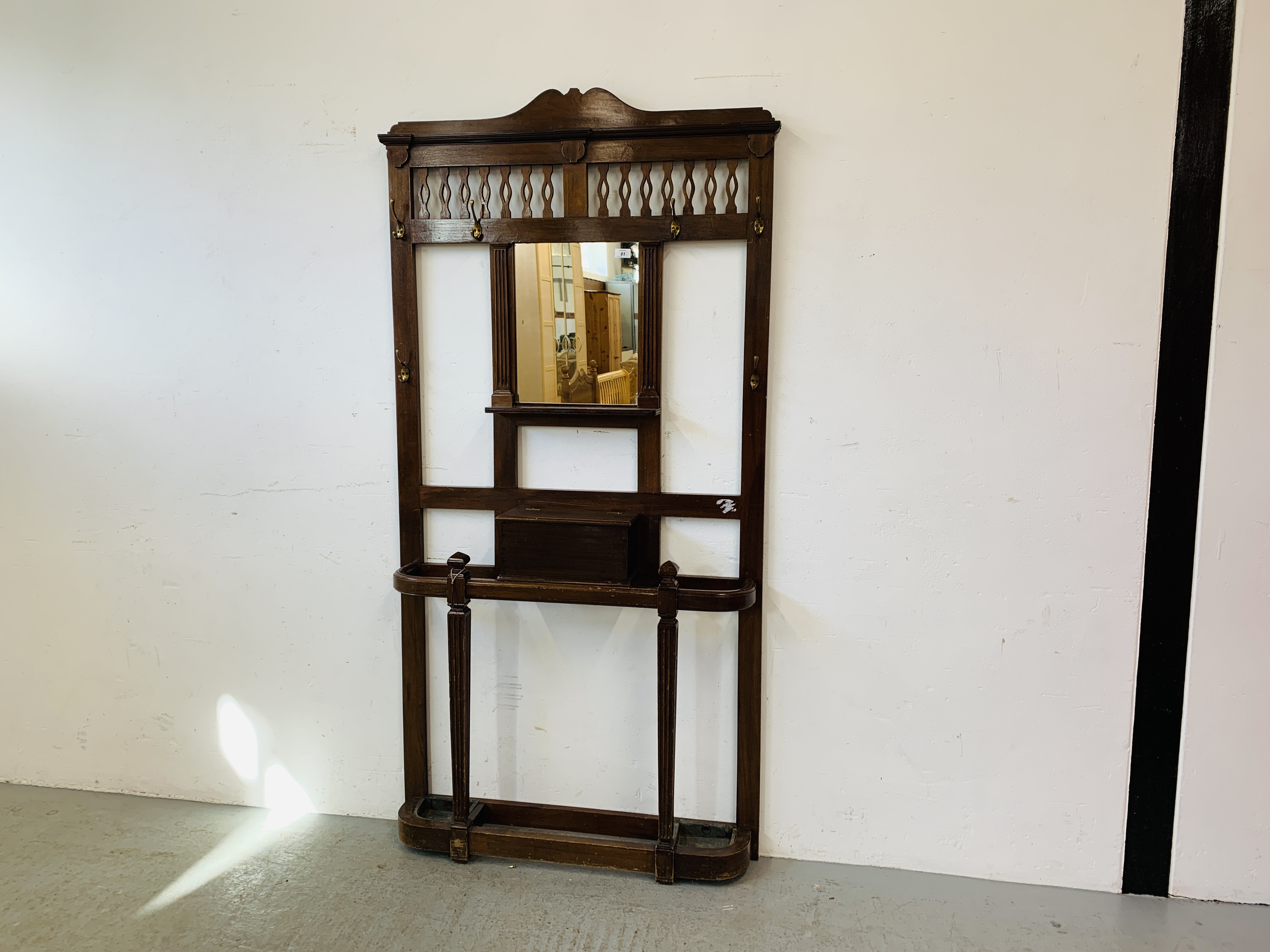 A MAHOGANY HALL STAND WITH CENTRAL MIRROR AND GLOVE BOX. W 99CM. D 19CM. H 195CM. - Image 10 of 10