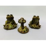 3 X YARE DESIGN POTTERY STUDIES, 2 SEATED FROGS H 9.5CM., TOAD STOOL AND SEATED FROG H 9CM.