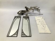 A MODERN POLISHED METAL WALL MOUNT STAG HEAD, A KENNETH TURNER STAG HEAD DESIGN CANDLE SNUFFER,