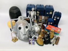 2 BOXES OF ASSORTED DOCTOR WHO FIGURES TO INCLUDE 5 TARDIS TALLEST 27CM, 2 MASKS, TIN PENCIL CASES,