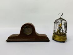 VINTAGE MUSICAL BRASS BIRD CASE ALONG WITH A VINTAGE MAHOGANY INLAID MANTEL CLOCK