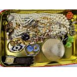 BOX OF ASSORTED COSTUME JEWELLERY TO INCLUDE VINTAGE WRIST WATCH, MARCASITE CLIP ON EARRINGS & RING,