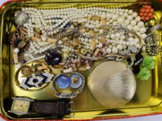 BOX OF ASSORTED COSTUME JEWELLERY TO INCLUDE VINTAGE WRIST WATCH, MARCASITE CLIP ON EARRINGS & RING,