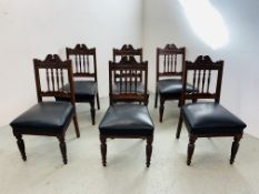 SET OF 6 PERIOD CARVED MAHOGANY DINING CHAIRS, BLACK LEATHER FINISH SEATS,