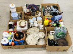 9 X BOXES OF ASSORTED KITCHEN WARE AND SUNDRIES TO INCLUDE POTS AND PANS, DINNER AND TEA WARE,