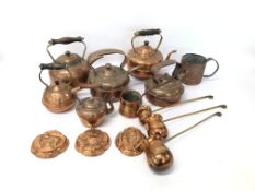 BOX OF ASSORTED VINTAGE COPPER WARE TO INCLUDE 6 COPPER KETTLES, VARIOUS SIZES, 3 MOULDS,